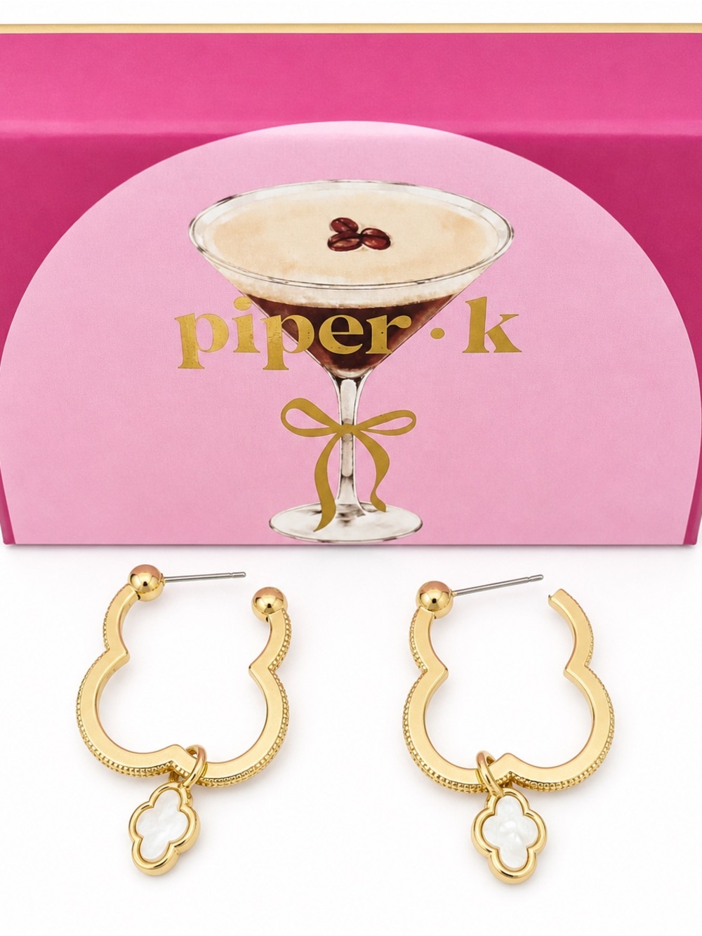 Piper.k Gold Plated Clover Drop Hoop Earrings - Gold/White